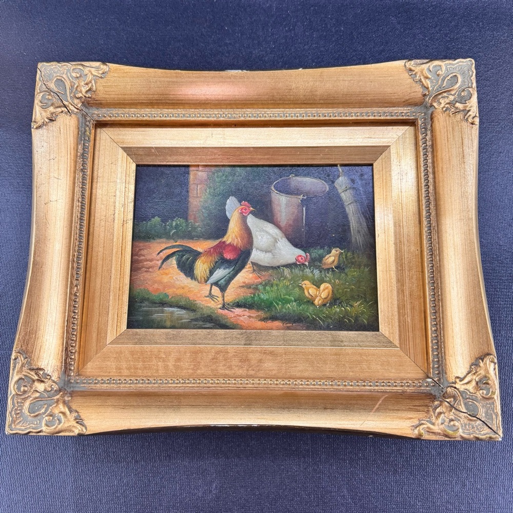 Small Robert Grace Original Framed Oil Painting Barnyard Chickens Hens Farm